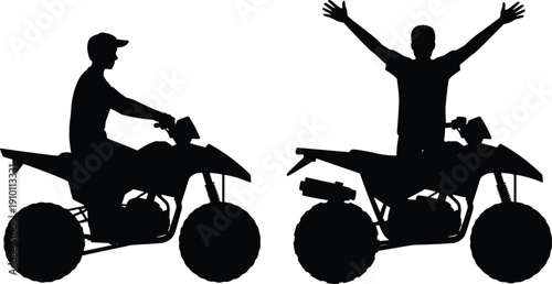 ATV rider silhouette collection, quad bike off road adventure poses set, isolated black vector illustration, extreme sport outdoor recreation design element pack