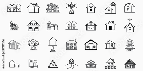 Collection of simple hand drawn house and building illustrations