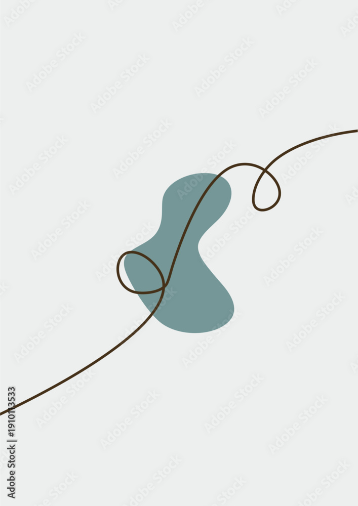 Obraz premium Minimalist Abstract Line Art Featuring a Single Continuous Brown Scribble Overlapping a Soft Teal Fluid Organic Shape Isolated on a Light Grey Background for Modern Minimalist Wall Decor