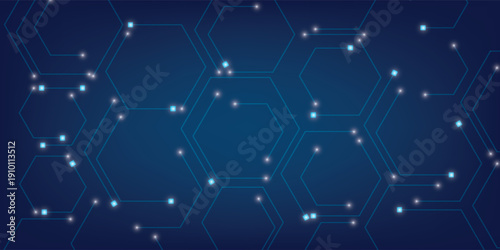 Blue tech background with glowing hexagon patterns and futuristic digital designs. Dark blue digital banner. Futuristic computer pattern. modern design.