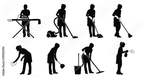 Silhouette collection of a female cleaner performing various household chores including ironing sweeping and vacuuming