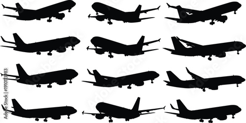 Airplane silhouette collection with commercial passenger aircraft in flight isolated on white background, aviation transport vector set for travel design