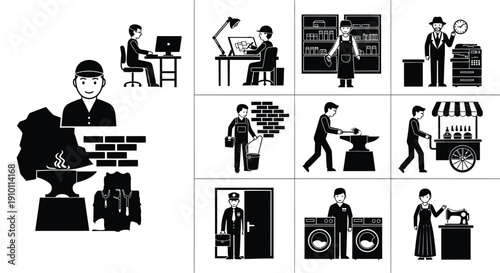 Collection of diverse professional occupation icons illustrating various manual and office-based working roles