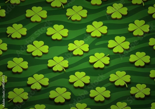 Seamless Pattern of 3D Green Four-Leaf Clovers for St. Patrick's Day Background