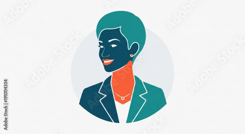 Stylized illustration of a smiling businesswoman with short hair in a teal blazer and orange neck on a light gray background