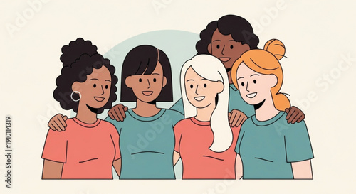 Diverse group of five smiling women with arms around each other in casual colorful clothing standing together in unity and friendship