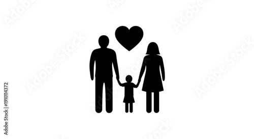 Family of three holding hands with heart symbol above them black silhouettes on white background love and unity