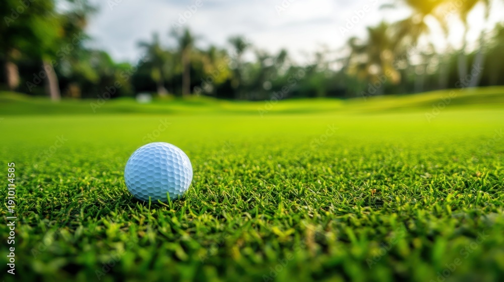 Obraz premium Golf ball on lush green grass of a golf course