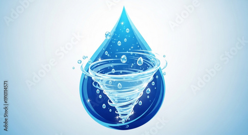 Water droplet forming a funnel with swirling water and bubbles on a blue circle background