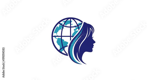 Woman's silhouette with flowing hair merging into a globe symbolizing global connection and unity