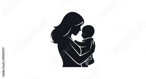Mother holding baby silhouette illustration with simple white background and minimalist design
