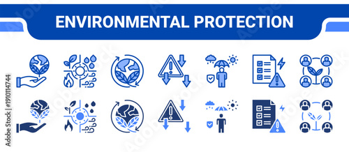 Environmental Protection Icon Collection,  featuring Ecology, Natural Resources, Sustainability, Reduction, Protection, Identification, Community.