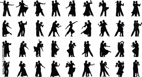 Elegant ballroom dancing couple silhouette collection isolated on white background, romantic man and woman dance poses set for wedding design