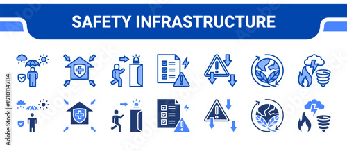 Safety Infrastructure Icon Collection,  featuring Protection, Shelter, Emergency Exit, Identification, Reduction, Sustainability, Disaster.