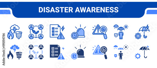 Disaster Awareness Icon Collection,  featuring Disaster, Community, Identification, Notification, Risk Analysis, Protection, Mitigation.