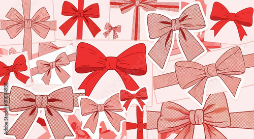 A vibrant collage of various red and pink bows and ribbons, reminiscent of festive gift wrapping and joyful celebrations.