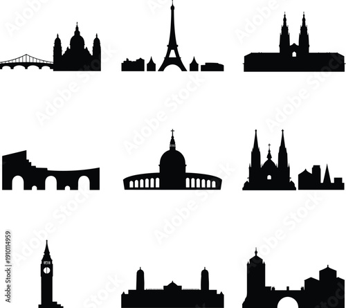 European landmarks skyline silhouettes set, famous city architecture collection with historic buildings and monuments isolated on white background for travel design projects