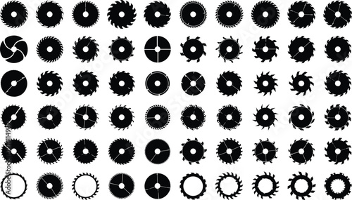 Large circular saw blade silhouette collection with various industrial cutting disc styles isolated on white background for woodworking design