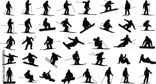 Skiing and snowboarding silhouette collection with dynamic winter sports action poses isolated on white background for extreme sport design