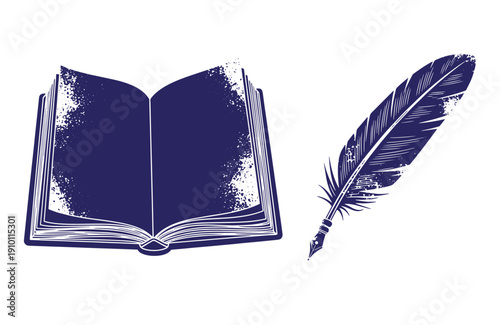 Grunge texture open book and feather quill pen on white background for writing and reading concepts Vintage Style