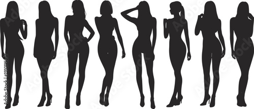 Female body silhouette collection, fashion model poses set, elegant women figures, isolated black vector illustration, beauty style design, standing pose bundle pack