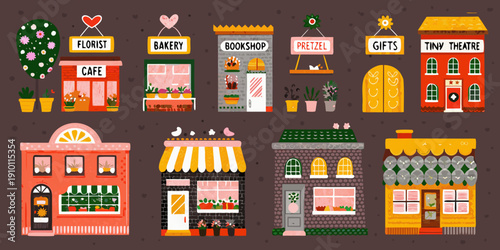 Colorful illustrated row of whimsical shops and buildings in a town