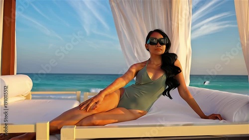 Relaxing Southeast Asian woman enjoying beachfront resort daybed
