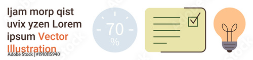 Productivity, progress tracking, project management, idea generation, analytics, efficiency. Percentage gauge, checklist and light bulb icon. Productivity and progress tracking concept
