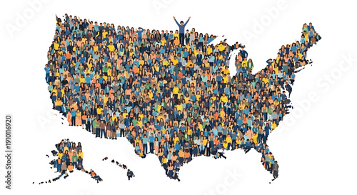 Diverse crowd of people symbolizing the entire population forming the shape of the United States map
