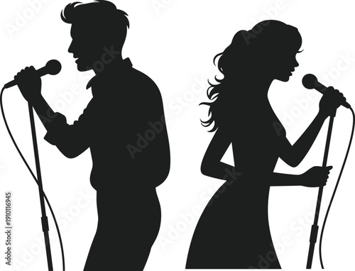 Male and female singers silhouettes performing with microphones, music performance duet illustration isolated on white background for concert entertainment design projects