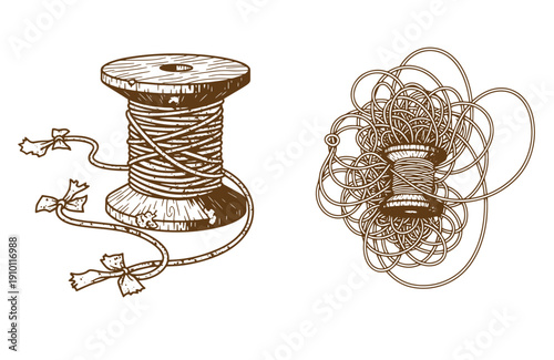 Grunge texture Spool of thread and tangled threads with bows on white background for sewing and crafting projects Vintage Style