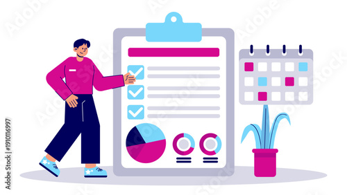 Man organizing daily tasks and schedules using a giant clipboard and calendar