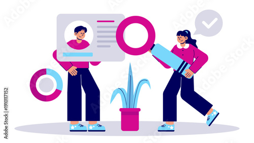 A recruiter analyzing a candidate business profile using a magnifying glass