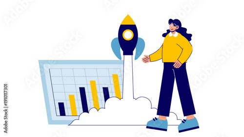 A young female entrepreneur launching a rocket next to a rising bar graph symbolizing startup growth