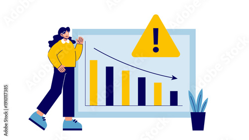 A female professional gesturing toward a declining bar chart and a warning sign indicating financial loss