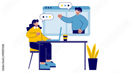 A woman at her desk having a virtual video conference with a male colleague displayed on a large screen