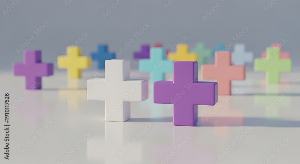 Fototapeta premium Colorful, three-dimensional crosses arranged, some in focus, others blurred, on a glossy surface