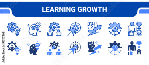 Learning Growth Icon Collection,  featuring Knowledge, Inspiration, Purpose, Goal, Motivation, Job enrichment, Achievement.