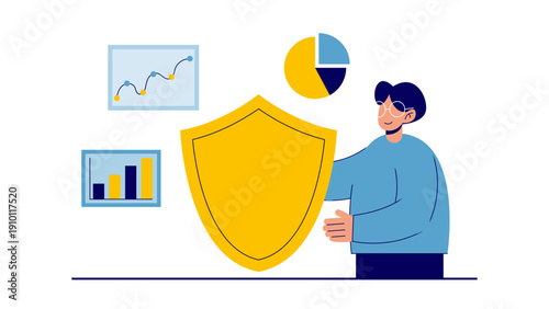 A man holding a giant golden shield to represent corporate data protection and security