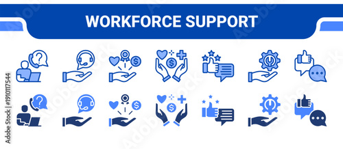 Workforce Support Icon Collection,  featuring Support, Assistance, Benefits, Wellbeing, Satisfaction, Service, Feedback.