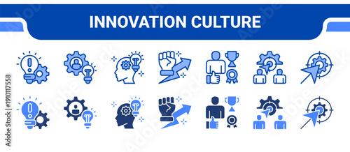 Innovation Culture Icon Collection,  featuring Disruptive Innovation, Knowledge, Inspiration, Motivation, Achievement, Purpose, Goal.