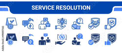 Service Resolution Icon Collection,  featuring Resolution, Response, Follow Up, Conflict Resolution, Support, Trust, Reliability.
