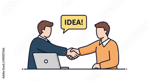 Two businessmen shaking hands with an idea bubble above them.