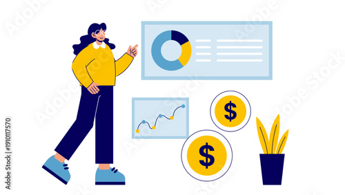 A young woman presenting business data and financial statistics on a large board