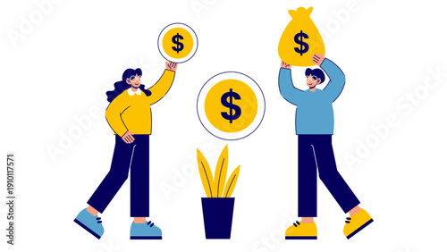 Two business professionals celebrating success and holding large gold coins