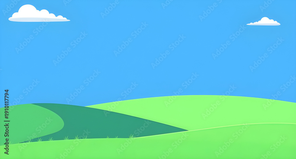 Obraz premium landscape, nature, grass, green, meadow, field, pasture, plain, countryside, rural, outdoor, scenery, horizon, farmland, sky, blue, clouds, cloudscape, daylight, sunlight, sunny, bright, fresh, calm, 