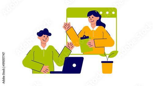 A man at a laptop having a video conference with a woman professional on a large screen