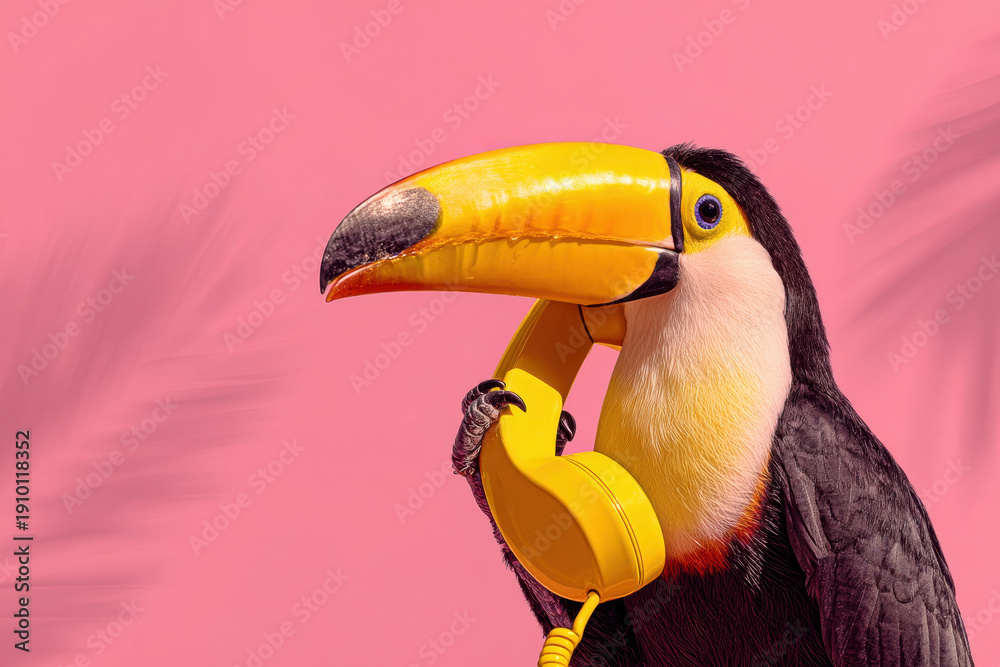 Naklejka premium Toucan Holds Banana-Shaped Phone Next to Its Beak in Vibrant Pink Background With Blurred Palm Leaves