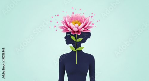Silhouette of a person with a pink lotus flower emerging from their head symbolizing mental growth and serenity on a soft green background
