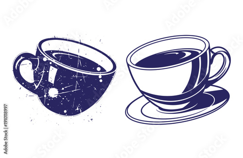 Grunge texture Two dark blue coffee cups one with grunge effect and saucer on white background Vintage Style